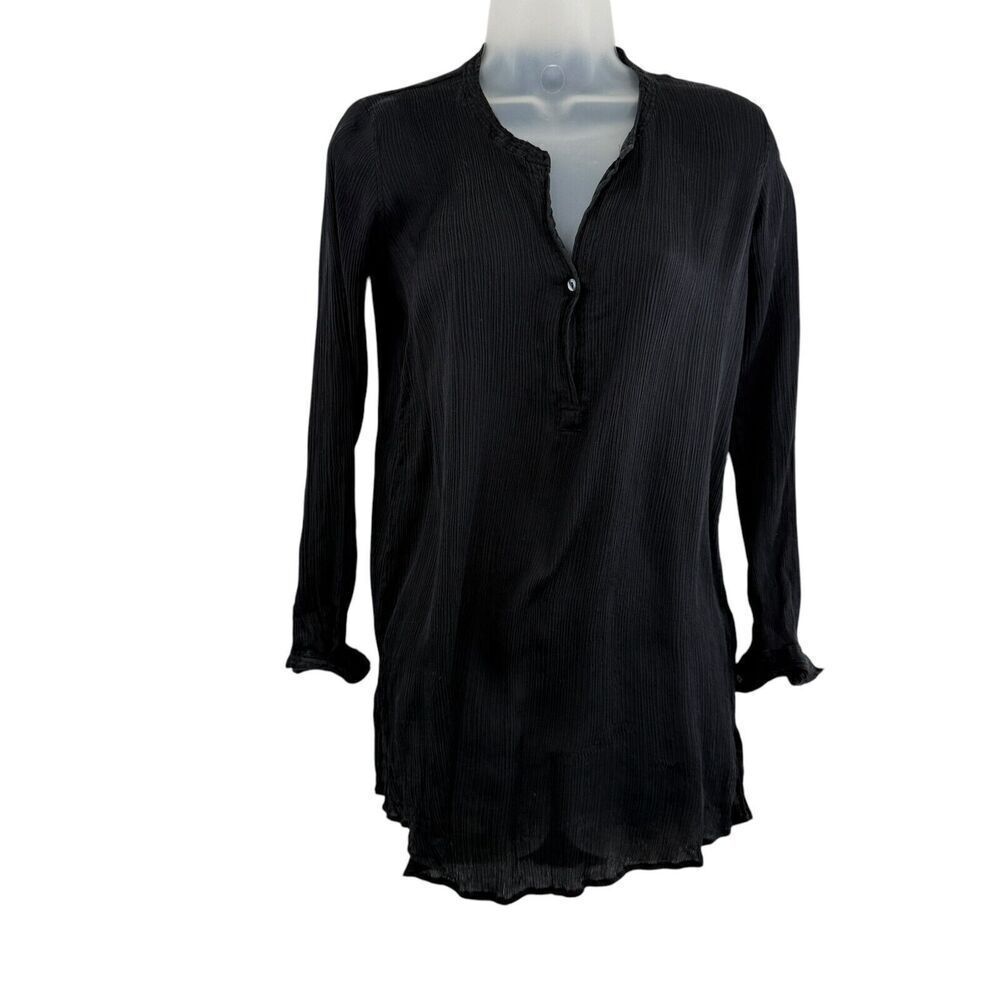 Calypso St Barth Womens Top Size XS Black Crinkle Blouse Long Sleeve Silk Tunic